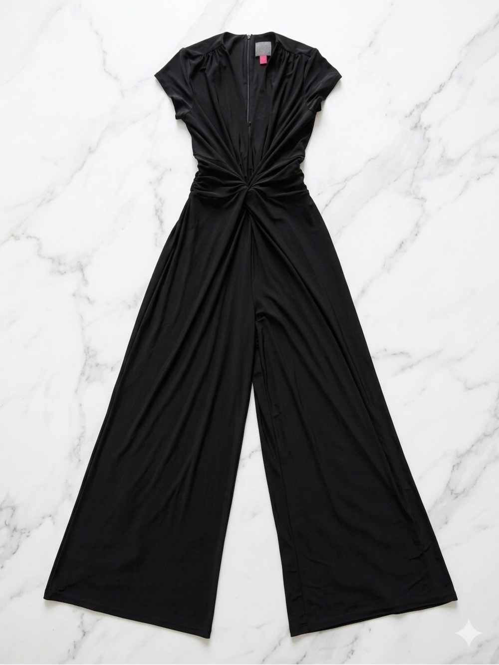 Vince Camuto Black Twist Front Jersey Jumpsuit Plunging V-Neck Wide Leg XS EUC